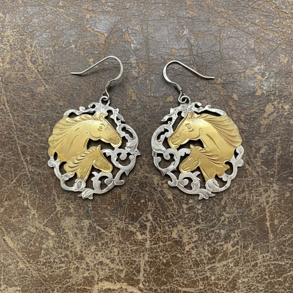 Vintage Sterling Silver Horse Earrings, Brass Detail - Mother's Day Gift